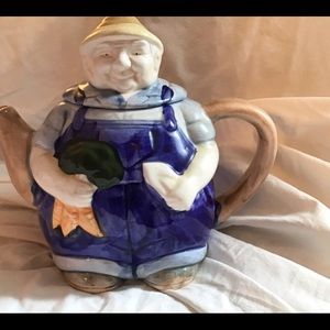 Charming Farmer Ceramic Teapot with Blue Overalls